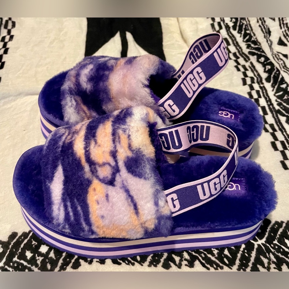 UGG DISCO MARBLE SLIDE SHEARLING SLING VIOLET NIGHT PLATFORM FLUFF SANDALS NEW